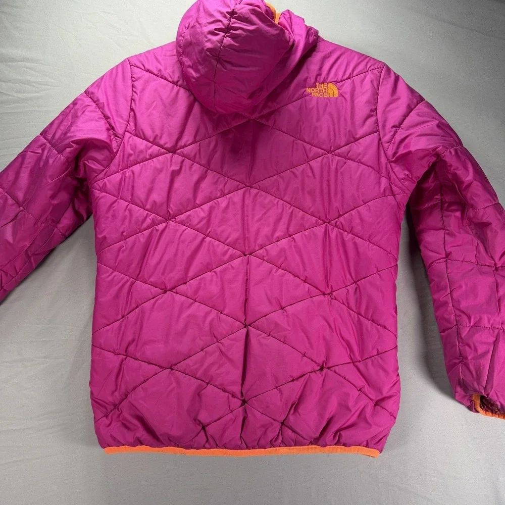 The North Face Puffer Jacket Youth Girls Large Pink Orange Reversible Hooded - Picture 7 of 12